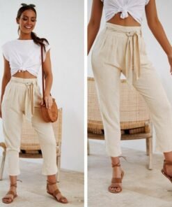 ladies women plain trouser casual summer holiday pants 2019 new fashion women tie up high waist slim bottoms