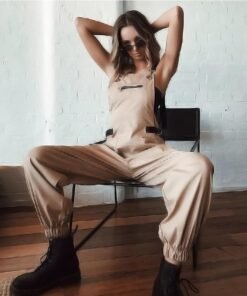 khaki high waist cargo pants overalls female summer casual sleeveless jumpsuits for women fashion street jumpsuit romper