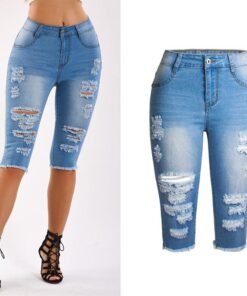 knee length ripped jeans for women destroyed biker shorts summer midi pencil denim jeans arrival