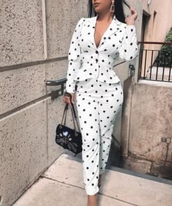 polka dots print 2 piece pants set women buttoned long sleeve tops and pencil pants tracksuit elegant ladies two piece set