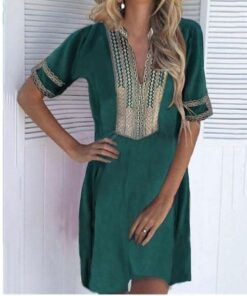 new fashion women causal boho short sleeve cotton linen dress vintage summer print beach holiday dress sundress