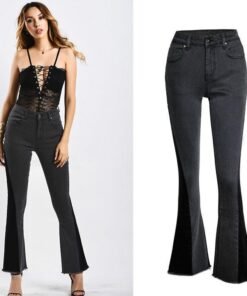 patchwork jeans woman flare casual denim jeans womens fashion pants black