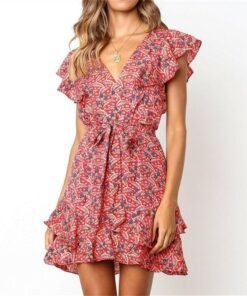 summer beach mini dress floral holiday v neck ruffle sundress