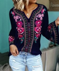 fashion women boho floral long sleeve baggy v neck loose blouse autumn ladies casual jumper tops plus size