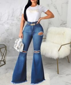 knee ripped jeans women solid high wasit denim pants autumn fashion hole flare jeans woman high waist sweatpants femme