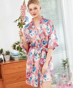 new women silk satin floral half sleeve v-neck summer short nightwear bath robe fashion daily soft casual sleepdress