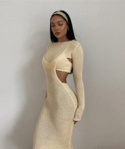 sexy knitted sweater two piece dress sets elegant hollow out long sleeve bodycon maxi dresses for women  c83-ce21