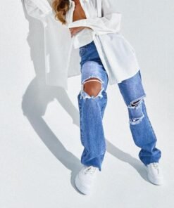 knee ripped jeans for women high waist distressed boyfriend jeans womans straight denim pants