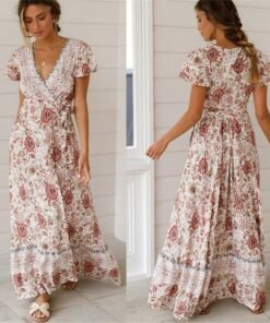 holiday long dress women’s boho dresses lady boho floral v-neck long maxi dress summer beachwear sundress