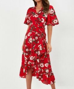 new boho women v neck floral slit dress holiday ladies casual short sleeve summer long maxi wrap sundress