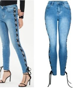 cross lace up sexy jeans woman spring summer pencil denim pants for women mid waist slim jeans