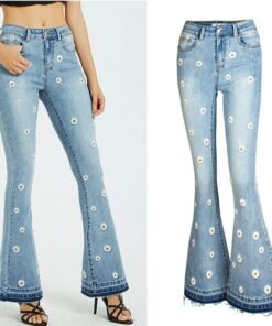 flower embroidered flare denim pants womens vintage women jeans spring autumn jeans