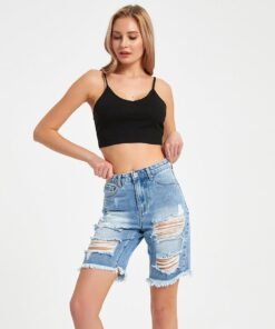 knee length jeans for women sexy ripped denim pants woman holes straight jean high waist
