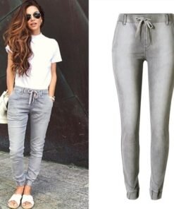 elastic waist jeans woman casual denim pants boyfriend jeans for women grey