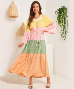 summer women dress multicolor stitching flared long sleeves sashes belted bohemian holiday casual elegant maxi dresses