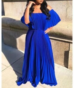 solid ruffles off shoulder pleated dress women solid color blue summer dress elegant high waist maxi dresses robe femme
