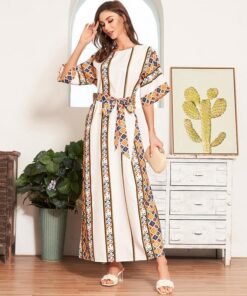 new women summer boho long dress white fashion tribal print batwing half sleeve belted kaftan holiday style maxi dresses