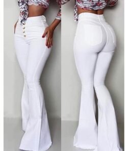 fashion buttoned bell-bottom high waist pants women solid slim fit white flare pants summer elegant workwear patalon femme