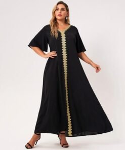 maxi dress women plus size 2021 black loose embroidery selvedge hemmed v-neck ruffle half sleeve elegant vintage robe