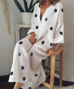 plus size women boho v-neck long shirt dress ladies long sleeve casual summer holiday polka dot loose maxi dress