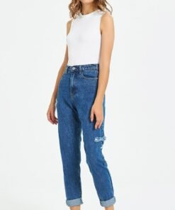 ripped boyfriend jeans for women high waist hole straight jeans woman causal denim pants