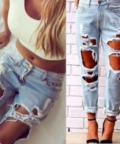 fashion women destroyed ripped jeans distressed slim pants high waist denim jeans