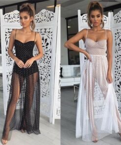 fashion women sexy polka dots slit ladies see-through long dress summer party beach dress sundress