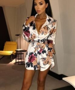 summer women silk satin shirt dress ladies print floral long sleeve loose short mini dresses beach party dress