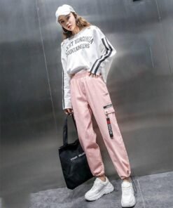 spring women plus size 2xl hip hop pants  bf harajuku loose cargo pants women ribbon big pocket casual harem pants