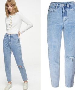 high waist boyfriend jeans for women knee ripped straigh denim pants femalejeans light blue