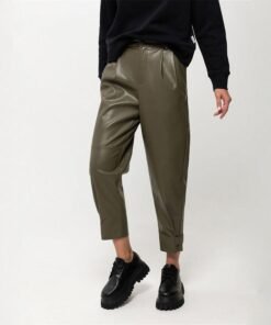 casual high waist pocket pu leather ankle-length pants female zipper fly solid green harem pants  fashion