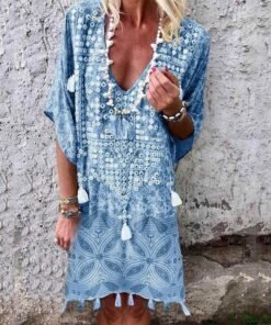 new women boho short sleeve dress summer printed beach ladies casual loose mini shirt beach dress sundress