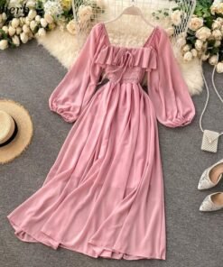 square collar maxi dress women solid chiffon puff sleeve dresses