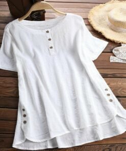 plus size women summer button crew neck blouses loose baggy tops tunic shirts ladies casual solid short sleeve blouse