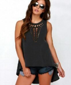 new women ladies black hollow out sleeveless t-shirts solid tops summer loose t-shirts plus size
