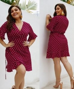 plus size women summer high waist polka dot boho beach dress new fashion ladies beach dress casual short sleeve v-neck sundress