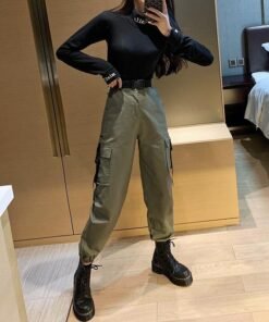 spring autumn ribbon cargo pants for women high waist hip hop trousers loose bf harajuku handsome hip hop pants woman cloth
