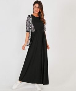 summer new women long dress 2021 black casual fashion snake print stitching elastic waist o-neck half sleeve maxi dresses robe