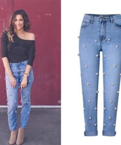 high waist jeans with pearls woman spring summer women denim pants ladies jeans
