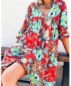 new fashion women long sleeve summer autumn boho floral printed beach casual loose kaftan tunic beach mini dress sundress
