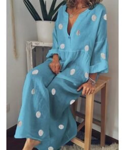 polka dot summer dress casual loose long sleeve bohemian maxi dress women v neck boho beach dresses robe vintage femme