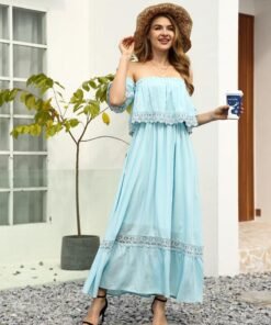 summer sexy backless strapless dress women lace short sleeve solid patchwark ladies sweet loose maxi dress