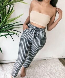 new women’s fashion striped tie waist baggy cotton linen pants ol ladies casual long trousers with pockets