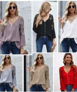 hollow out lace shirts women vintage v neck flare sleeve summer blouse ladies top plus size