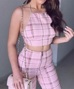 plus size ladies summer plaid clothes set fashion women sleeveless holiday crop tops+long pants 2pcs loose beach outfit s-2xl