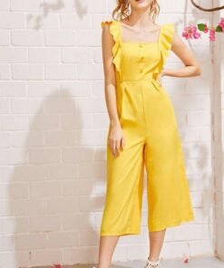 ladies baggy solid ruffle women summer square neck overall fashion new loose causal wide leg pants jumpsuit