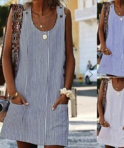 plus size women boho stripe short mini dress party evening summer beach holiday pocket sleeveless loose casual dress sundress