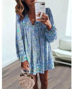 fashion women vintage boho loose dress bohemian ladies summer long sleeve baggy sundress beach holiday wear