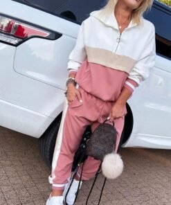 colorblock zipped hooded top & drawstring design pant sets women casual loose hoodies sweatpants two piece set spring tracksuits