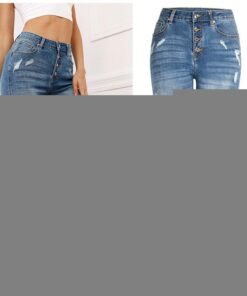 ripped mid-waist stretch jeans women's trousers pencil pants split hem destroy jeans